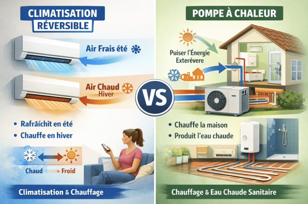 Quelle est la différence entre climatisation réversible et pompe à chaleur ?
