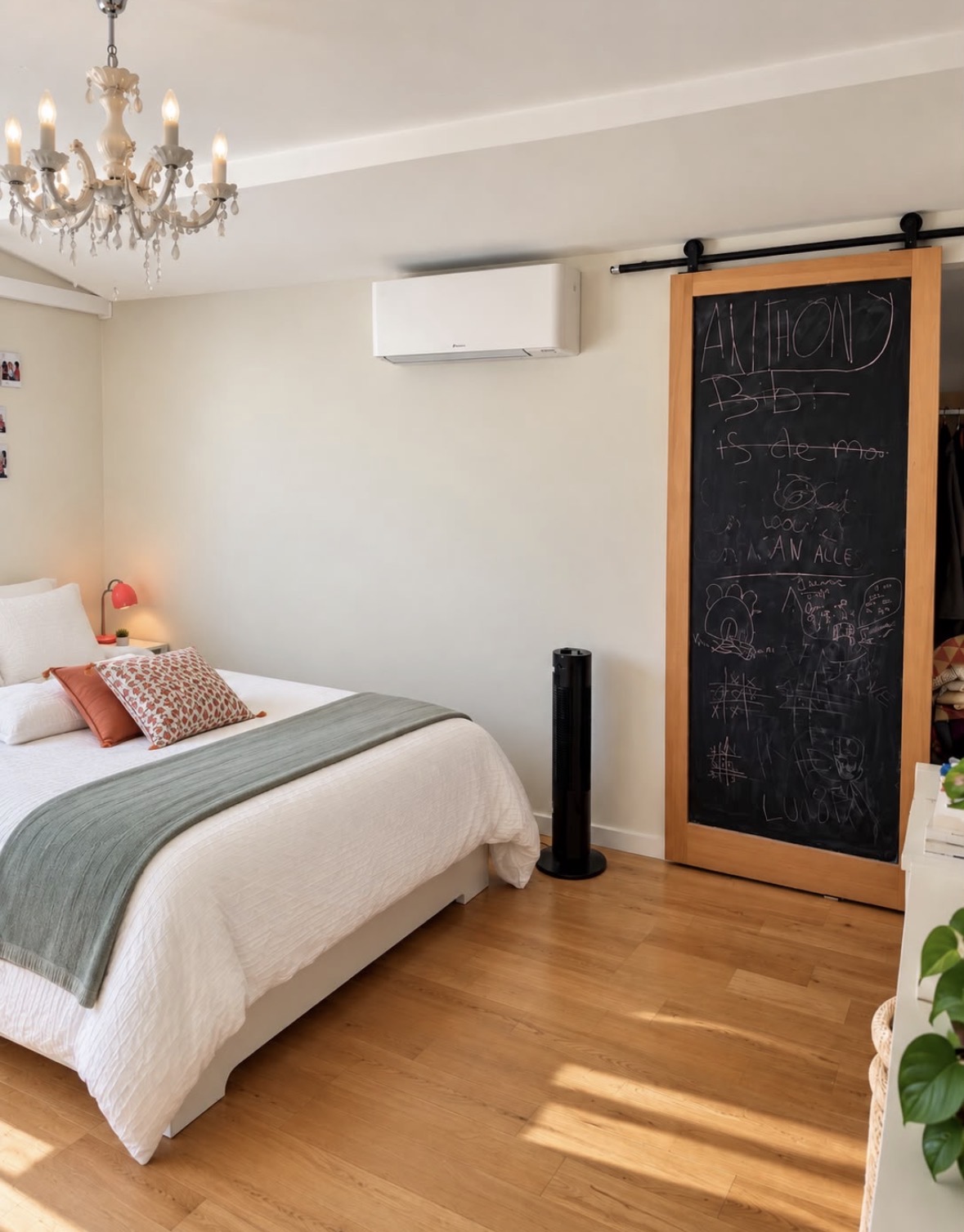 Unité intérieure Daikin Stylish installée dans une chambre à coucher avec porte coulissante en bois