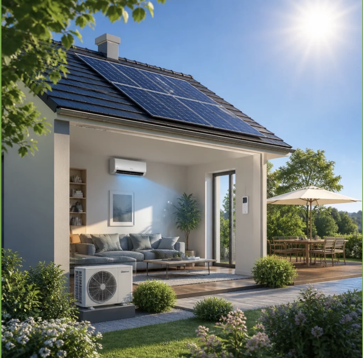 Villa avec panneaux solaires en toiture, unité murale de climatisation au salon et unité extérieure posée dans le jardin