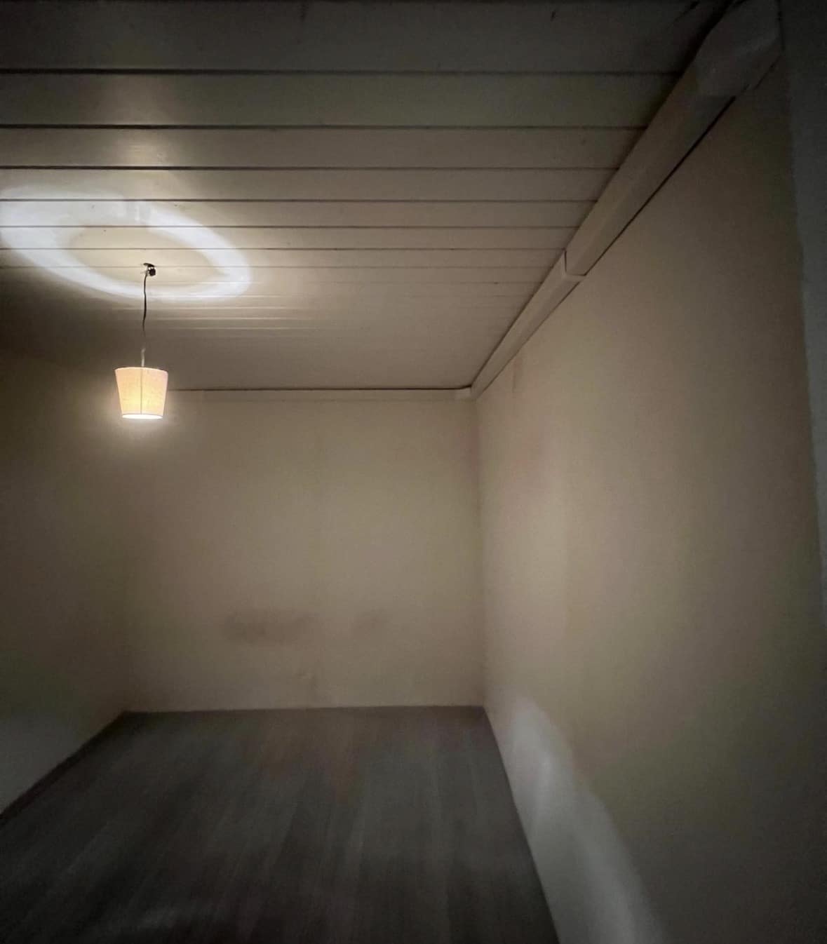 Pièce de l'appartement avec plafond en lambris clair et sol en parquet, vue d'ensemble après travaux